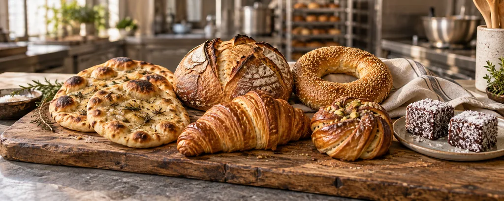 Fresh breads, a croissant, a spiral bun and coconut-covered cakes on a bakery workbench.