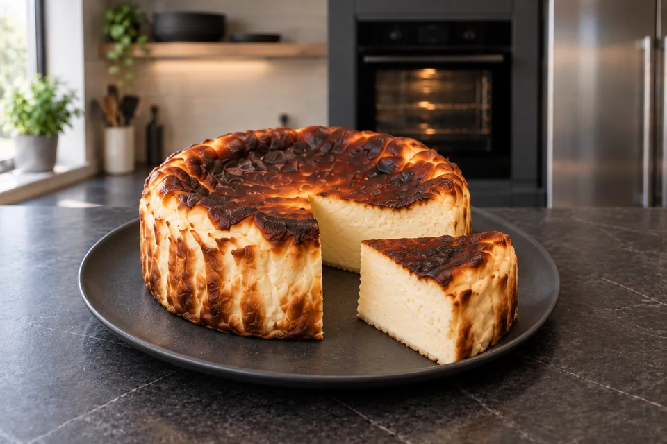 A deeply browned Basque cheesecake with one wedge cut to reveal its creamy pale centre.