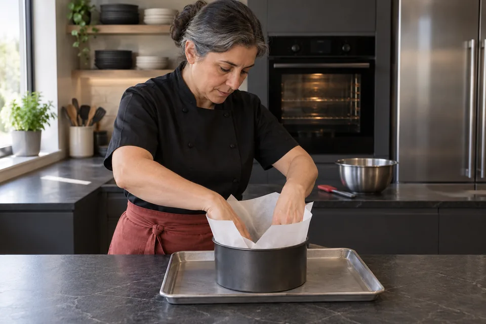A cook presses overlapping parchment into a 15 centimetre round tin at least 7.5 centimetres deep, set on a baking tray.
