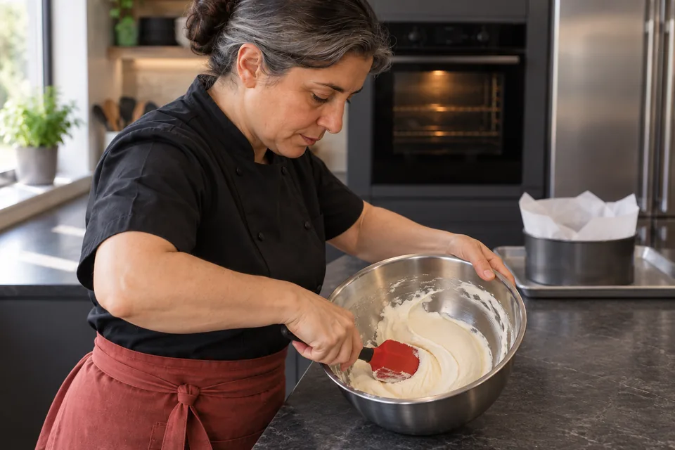 In close side view, the cook smooths cream cheese and sugar against a stainless mixing bowl with a spatula.