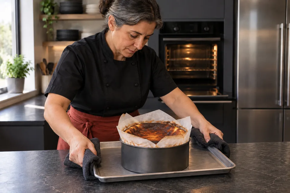 The cook sets down a tray holding a deeply browned crustless cheesecake in its parchment-lined tin.
