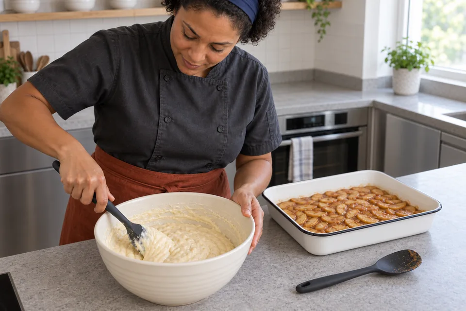 From above, the cook folds a thick pale cobbler batter in a cream mixing bowl.