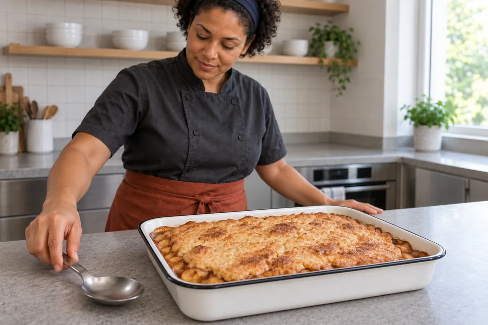 A golden apple cobbler rests in its rectangular dish as the cook places a serving spoon beside it.