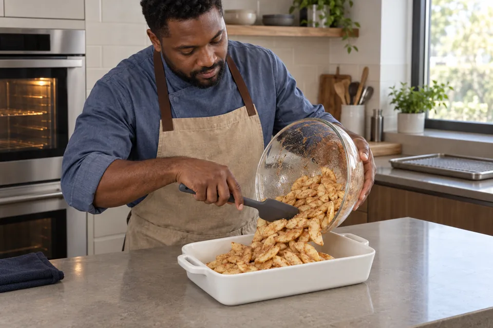 A cook transfers evenly coated apple slices from a glass bowl into a rectangular white baking dish.