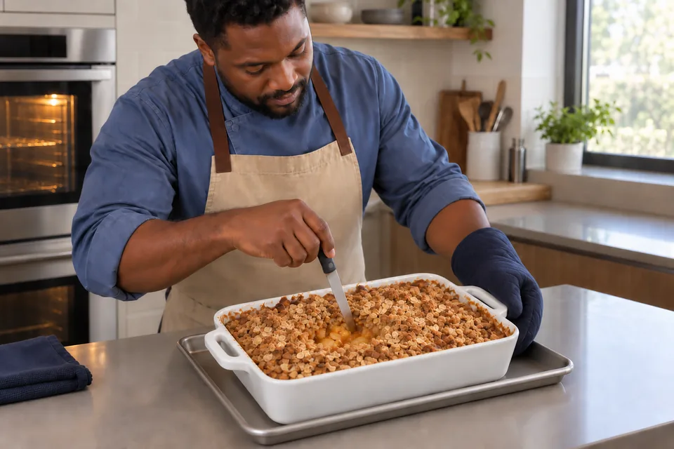 A cook checks a golden apple crisp with a small knife while amber juices bubble through the centre.
