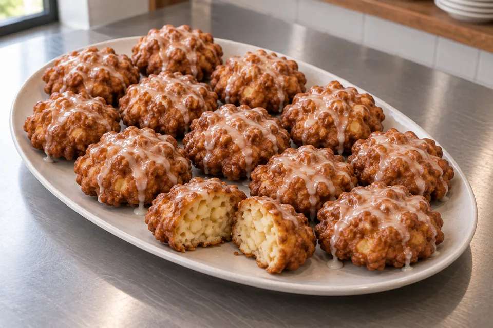 Glazed golden apple fritters on an off-white platter, with one split open to show its cooked apple-studded centre.