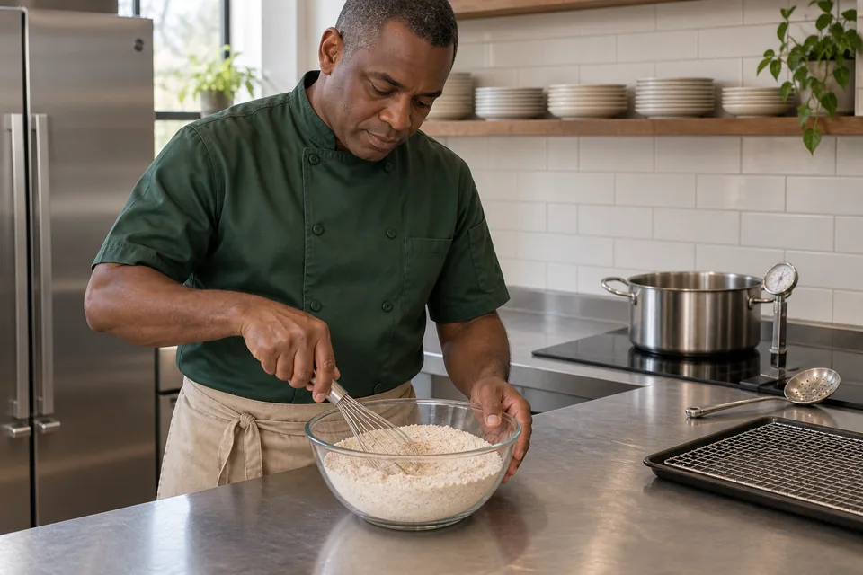 A cook in a green jacket whisks the dry ingredients in a clear glass bowl.