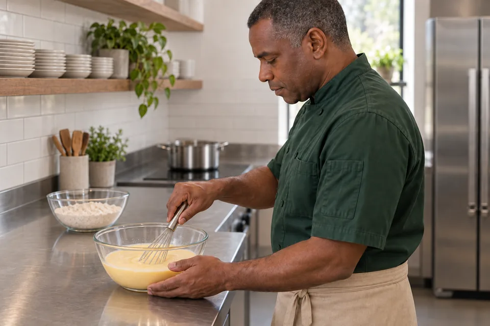 In side view, the cook whisks a pale egg-and-milk mixture in a glass bowl.