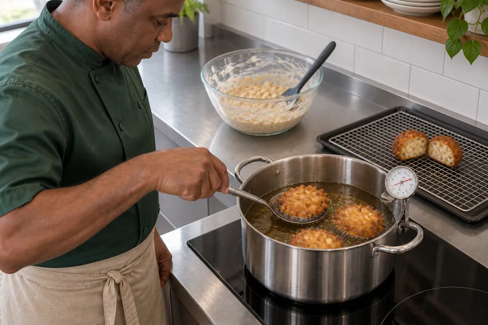 From above, the cook turns three golden apple fritters in a deep saucepan while a cut test fritter rests on a rack.