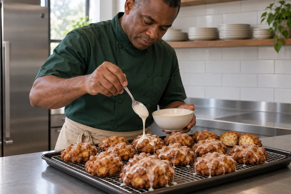 The cook drizzles thick white glaze over warm golden apple fritters on a wire rack.