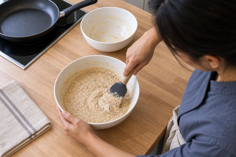 From above, the cook folds a thick tan banana pancake batter until the last dry flour disappears.