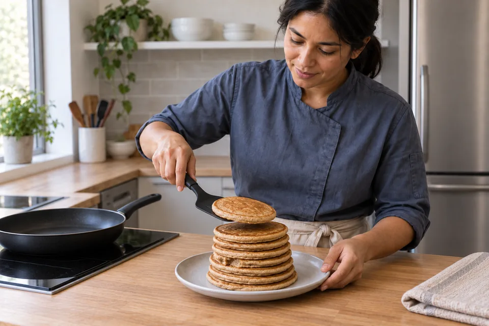 The cook places the last golden banana pancake onto a modest stack on a pale-grey plate.