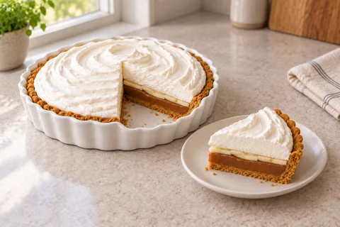 A chilled banoffee pie beside one matching slice that reveals crumb, caramel, banana and cream layers.