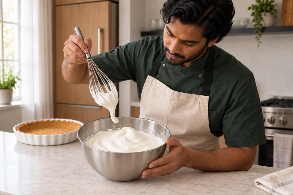 A cook lifts a whisk from smooth whipped cream, showing a soft peak with a bent tip.