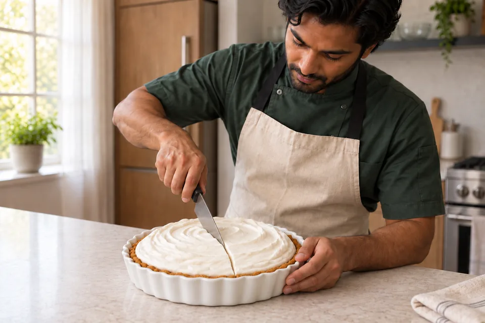 A cook cuts into a chilled banoffee pie whose cream, banana and caramel layers stay in place.