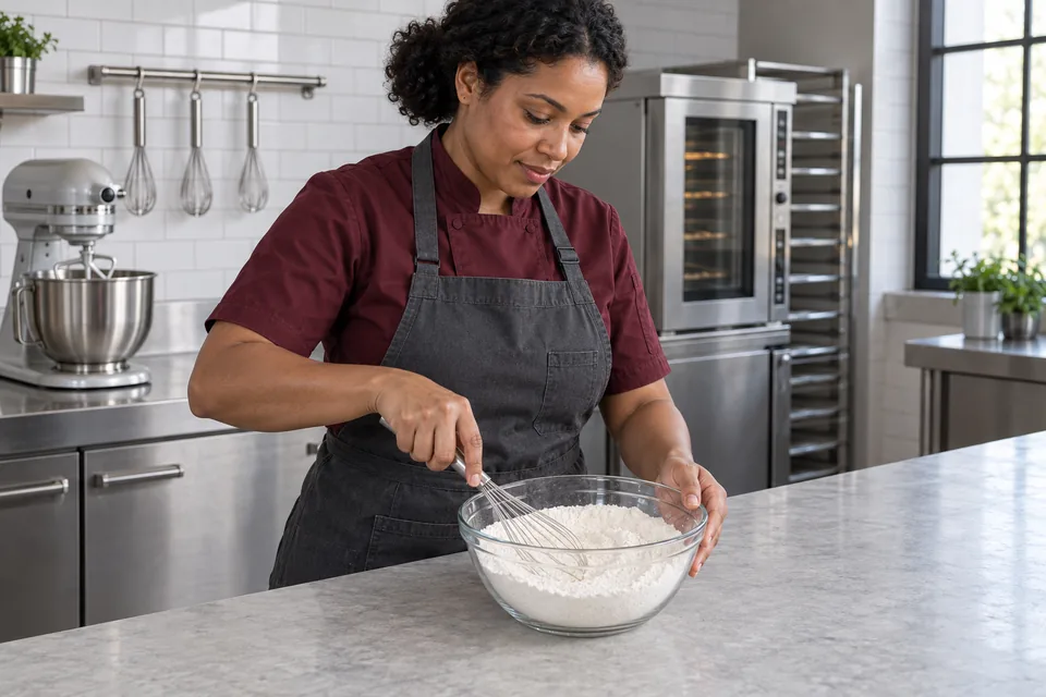 A cook whisks the white dry ingredients in a clear bowl on a bakery counter.
