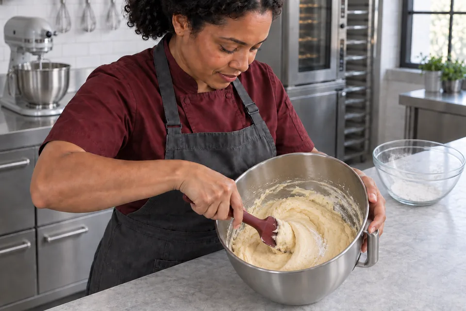 A cook folds the last flour streaks into thick pale cookie batter in a steel bowl.