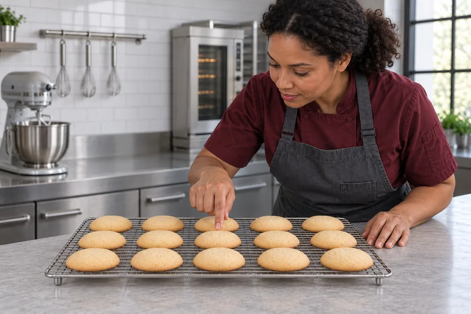 A cook checks one of fifteen plain domed cookies cooling on a wire rack.