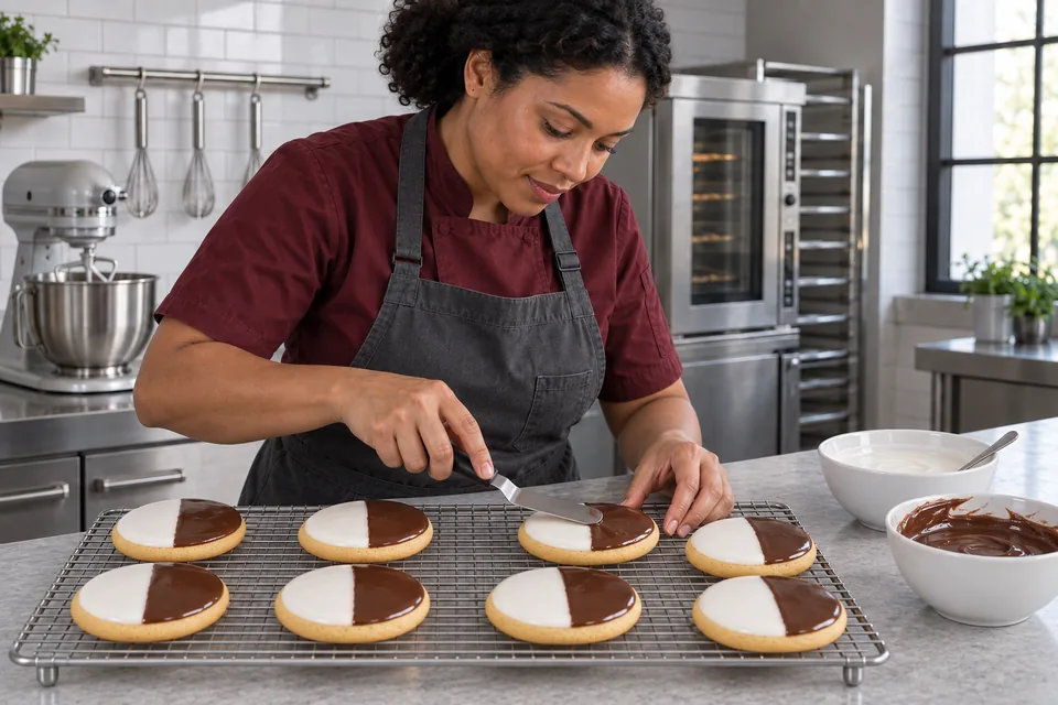A cook coats the flat underside of a cookie in equal white and chocolate icing halves while domed tops face down.