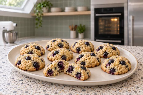 Blueberry muffin cookies on a cream platter, with one broken open to show its soft crumb and whole berry pockets.