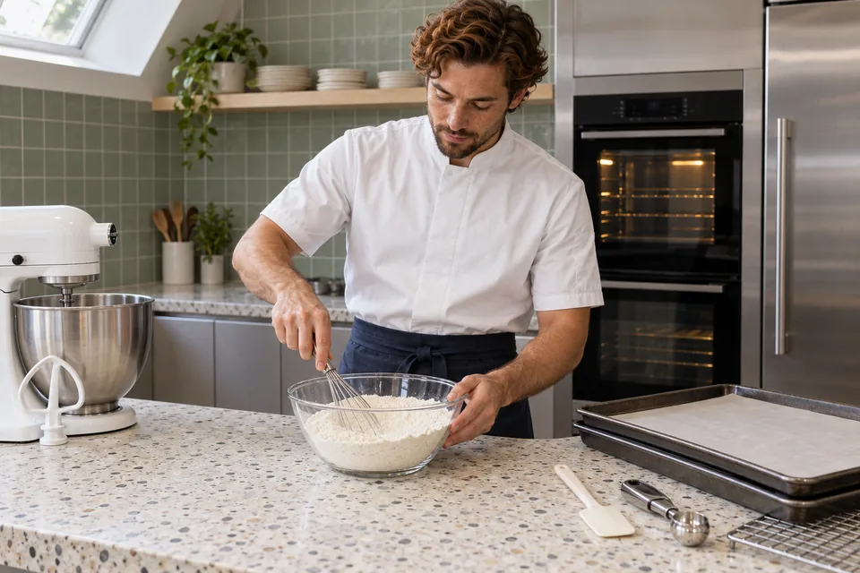 A cook in a white jacket whisks the dry cookie ingredients in a glass bowl beside a stand mixer.