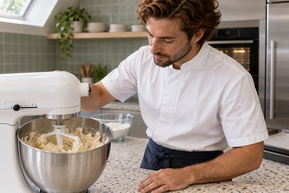 In side view, the cook watches fluffy butter and sugar cream in a white stand mixer.