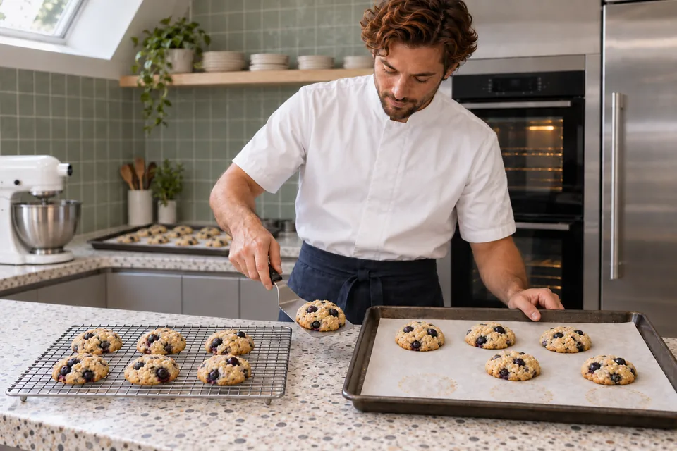 The cook uses a flat turner to move a rested blueberry cookie from the baking tray to a wire rack.