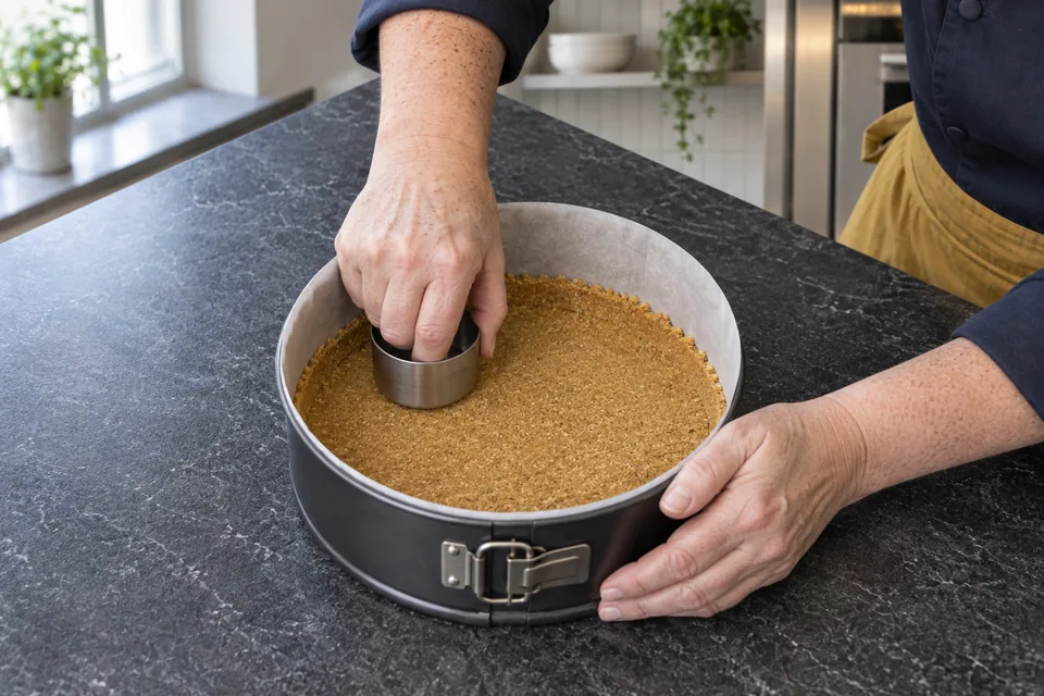 Hands press an even graham-crumb crust into the base and lower sides of a springform tin.