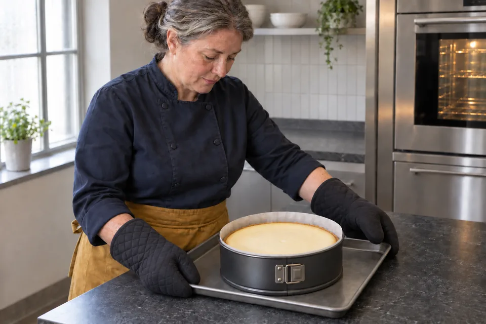 A cook checks a pale baked cheesecake in its locked springform tin on a flat baking tray.