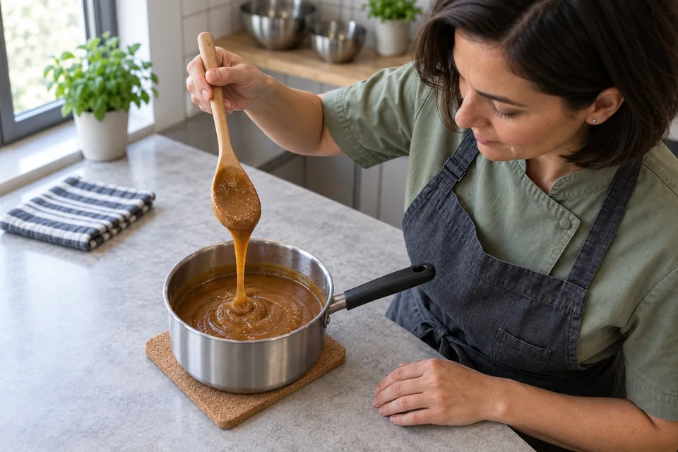 A cook lifts a spoonful of thickened glossy almond mixture from a saucepan on a trivet.
