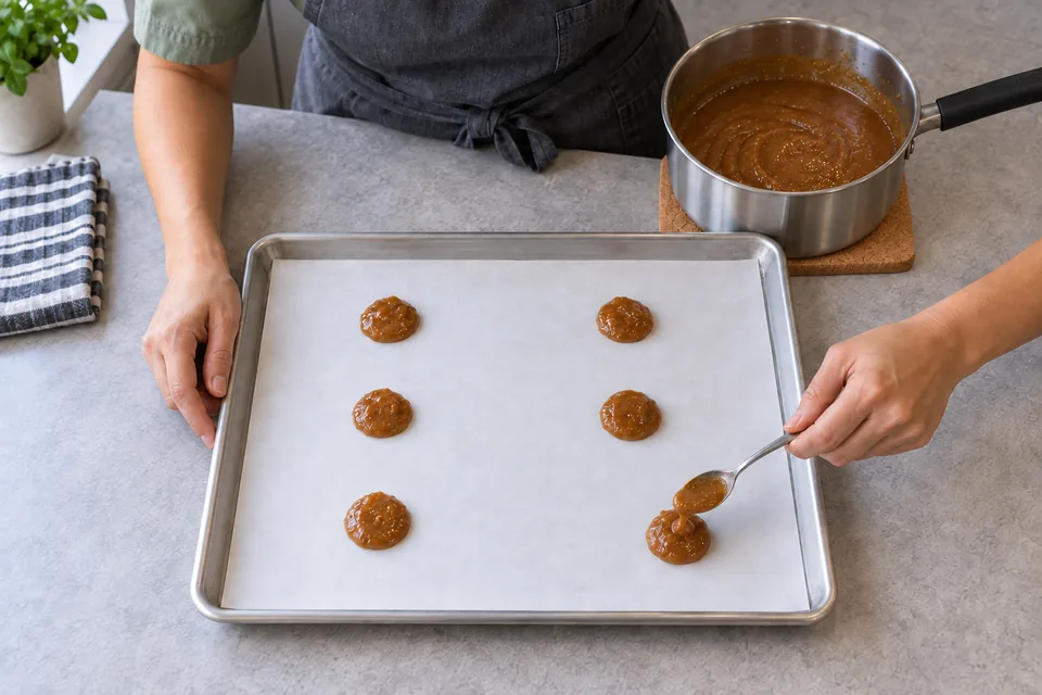 A hand deposits a sixth tiny almond-cookie mound beside five widely spaced mounds on parchment.