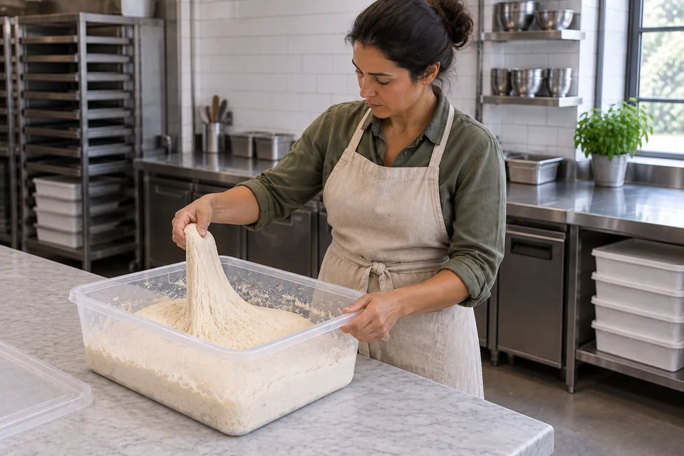 Standing at the opposite corner of the bench, the cook lifts an elastic flap of dough while steadying the tub.
