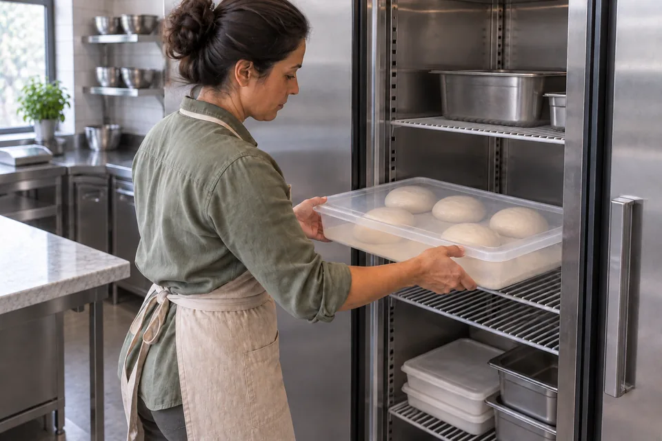 The cook stands beside an open commercial refrigerator and slides in a covered tray of five raw pizza dough balls.
