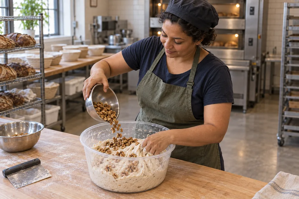 Cooled walnut pieces are scattered over the soft dough before folding in.
