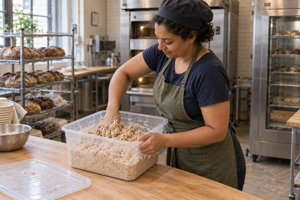 Seen from the side, the baker mixes rough grain-rich whole-wheat dough by hand in a clear rectangular tub.