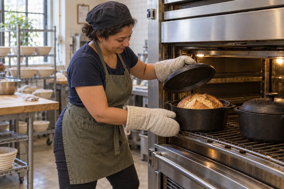 Using dry oven mitts, the baker lifts a lid to reveal a naturally split pale wheat loaf, with a second covered pot nearby.