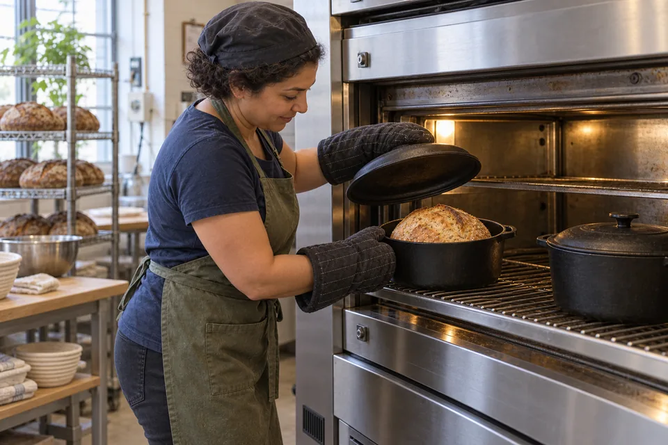 Using dry oven mitts, the baker lifts a lid to reveal a naturally split finely flecked wheat and wholegrain loaf, with a second covered pot nearby.