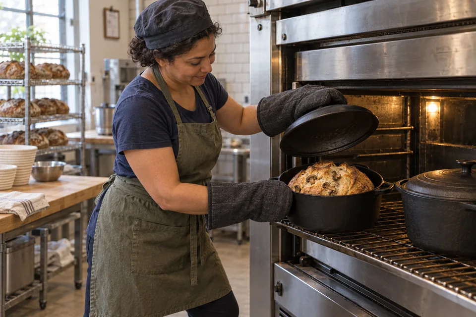 Using dry oven mitts, the baker lifts a lid to reveal a naturally split mushroom-studded loaf, with a second covered pot nearby.