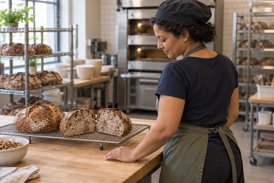 One whole walnut-studded loaf and both halves of a second cool on a raised rack beside the baker.
