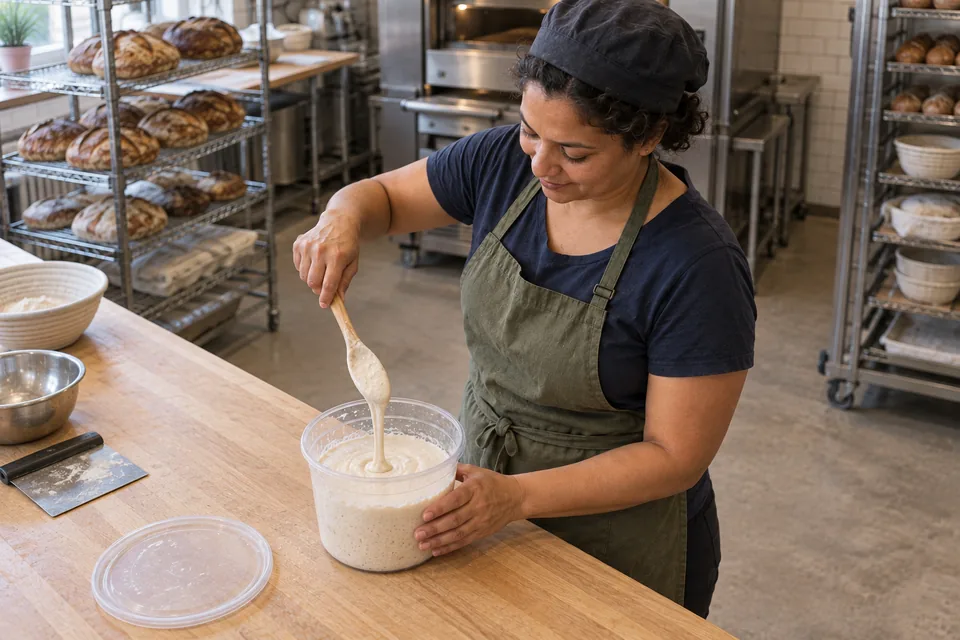 Baker checking the smooth, loose consistency of a freshly mixed white levain.