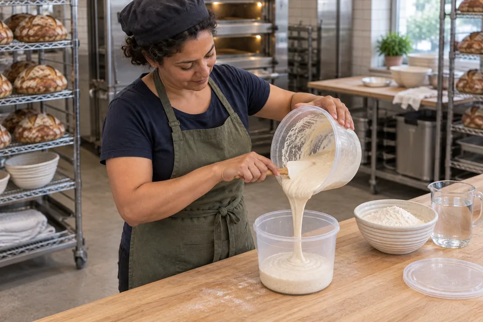 Baker transferring retained liquid levain into a fresh container for feeding.