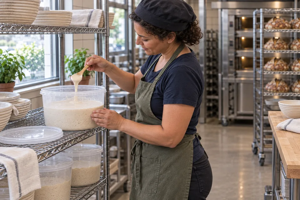 Baker checking the creamy consistency of the larger liquid-levain feed at the fermentation shelf.