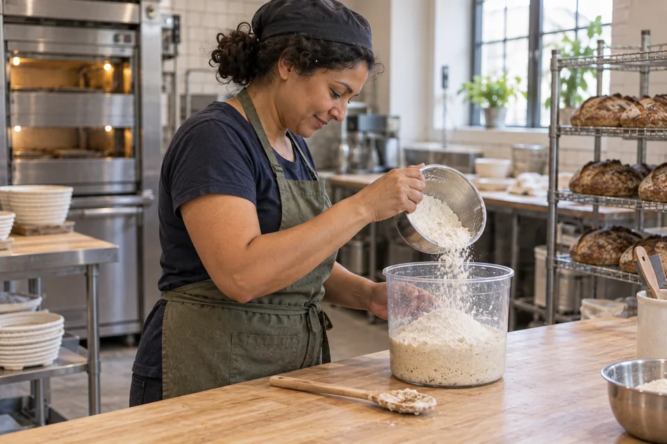 Fresh flour is added to the retained levain for its next feed.