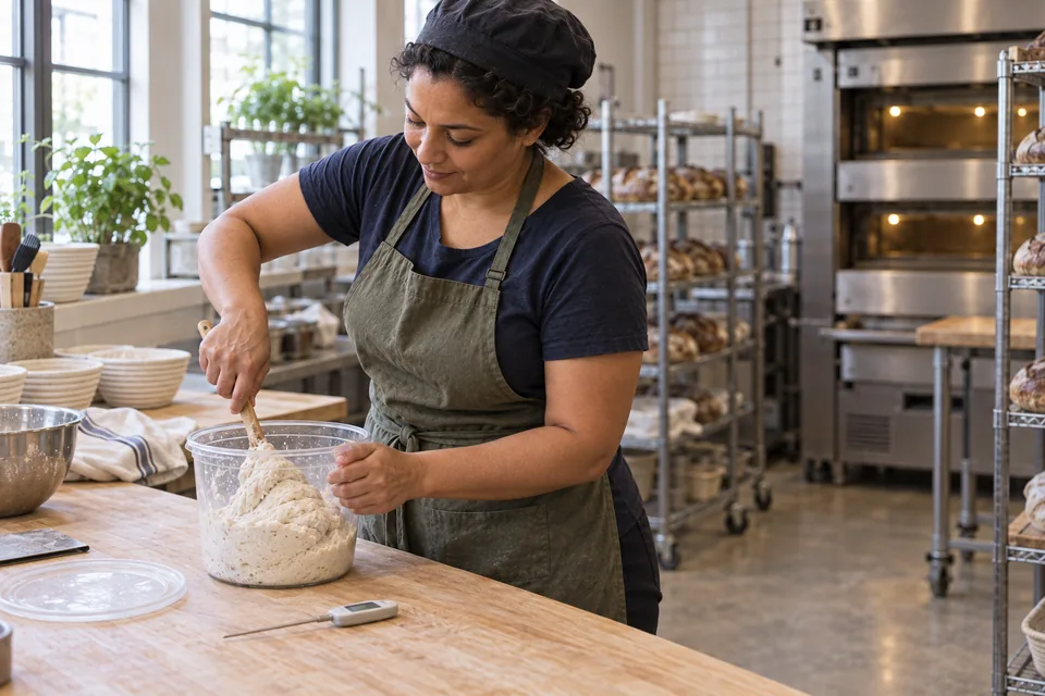 The baker mixes a stiff white levain that holds a soft mound.