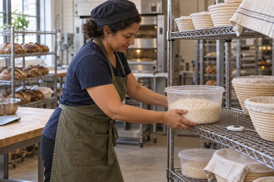 A larger third feed of stiff levain is set in a warm spot to expand.