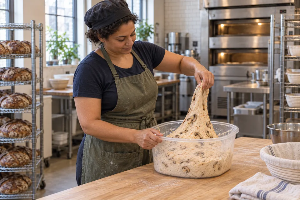 The baker lifts a short elastic flap of mushroom-studded dough, ready to fold it back across the mass.