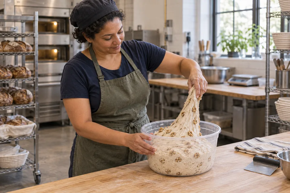 The baker lifts a short elastic flap of walnut-studded dough, ready to fold it back across the mass.