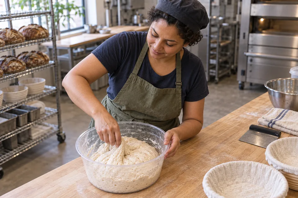 From an elevated angle, the baker pinches and folds cohesive pale wheat dough in a clear tub.