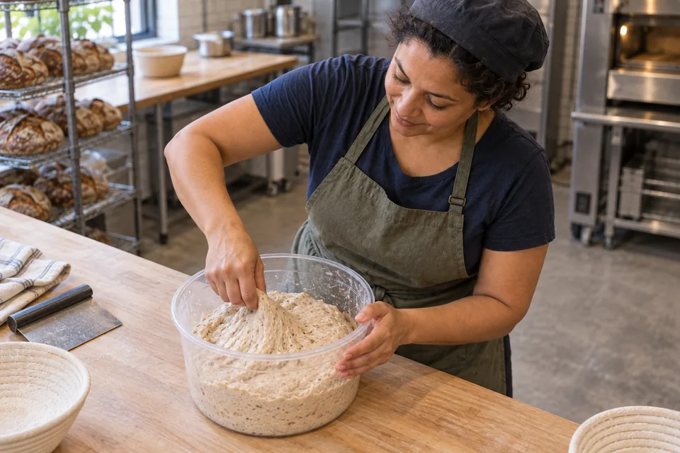 From an elevated angle, the baker pinches and folds cohesive finely flecked wheat and wholegrain dough in a clear tub.