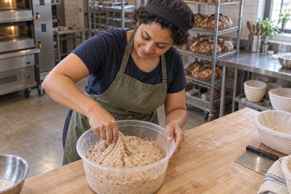 From an elevated angle, the baker pinches and folds cohesive grain-rich whole-wheat dough in a clear tub.